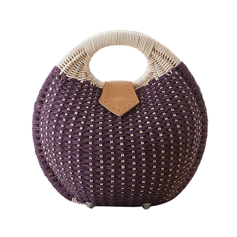 Holiday Shell Handbags Personality Cute Rattan Bag Casual Small Round Tote Woven Female Fashion Beach Bag purple