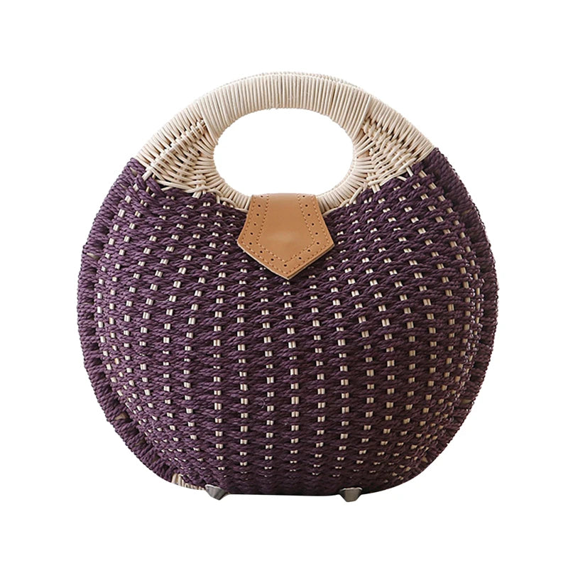 Holiday Shell Handbags Personality Cute Rattan Bag Casual Small Round Tote Woven Female Fashion Beach Bag purple