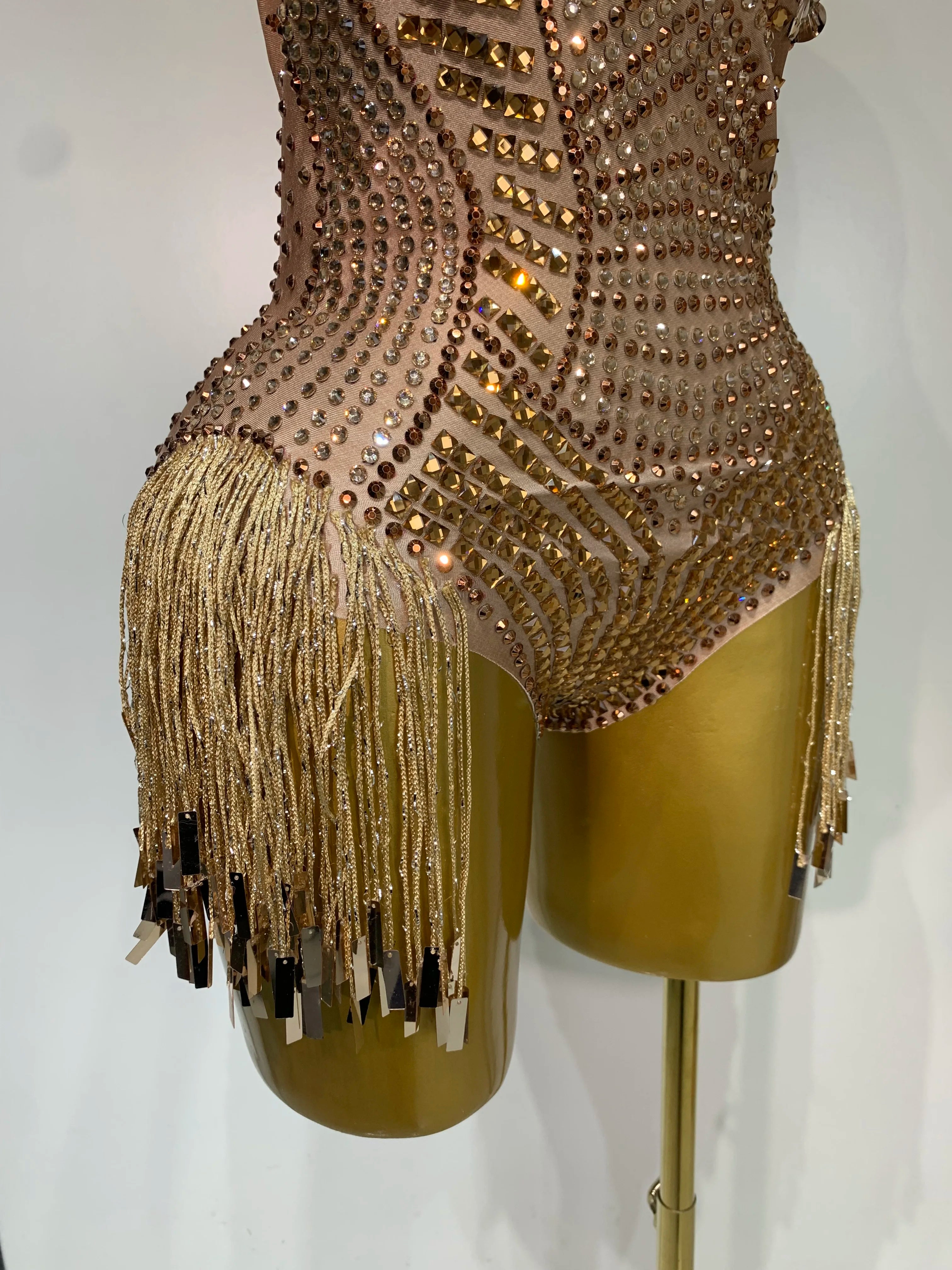 Luxury Sparkly Rhinestones Tassels Sequins Bodysuit Women Sexy Halter Backless Stage  Performance Costume Club Birthday Outfit