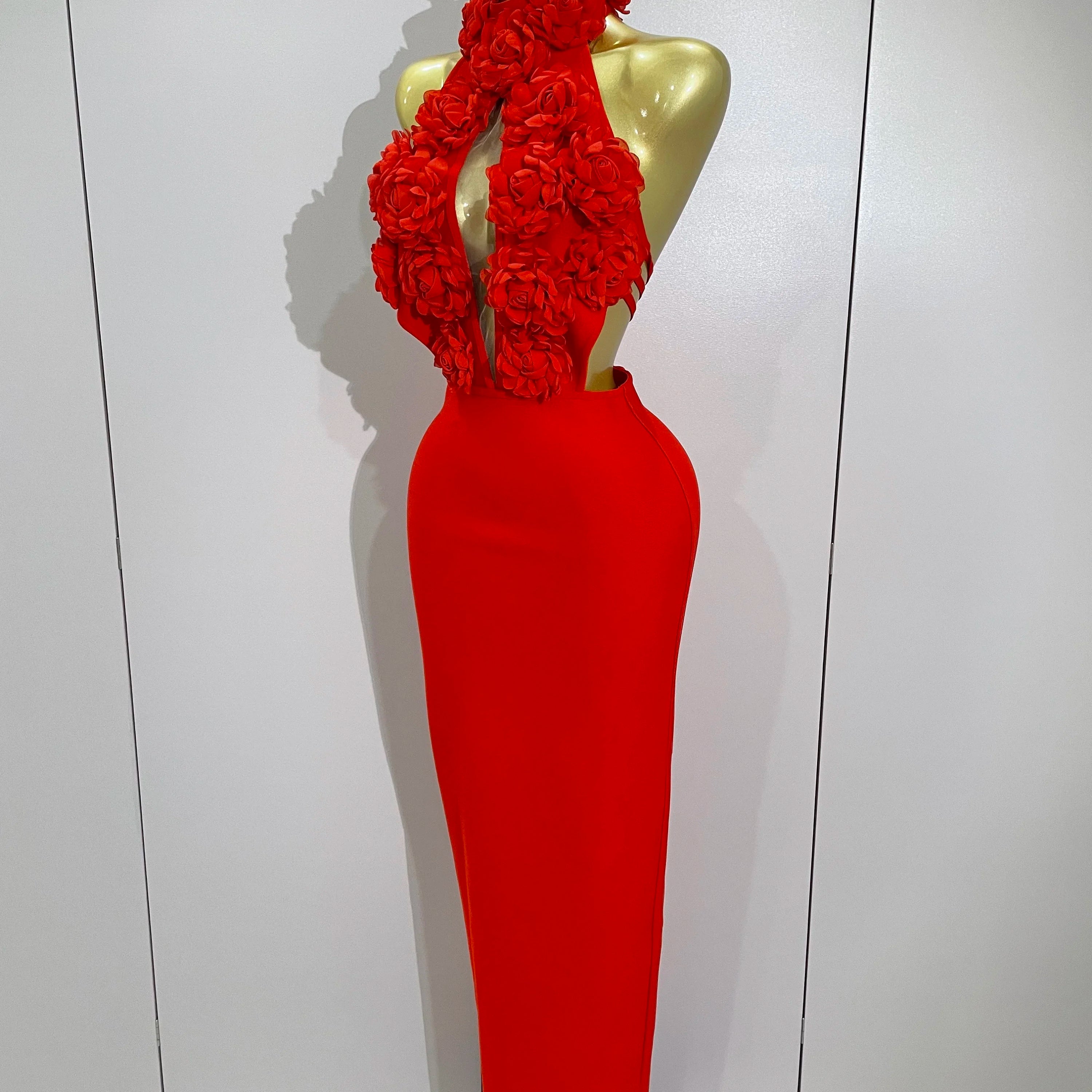 Women Celebrity Sexy Halter Backless Flower Long Bandage Bodycon Dress 2025 Luxury Birthday Dress Elegant Evening Party Outfit