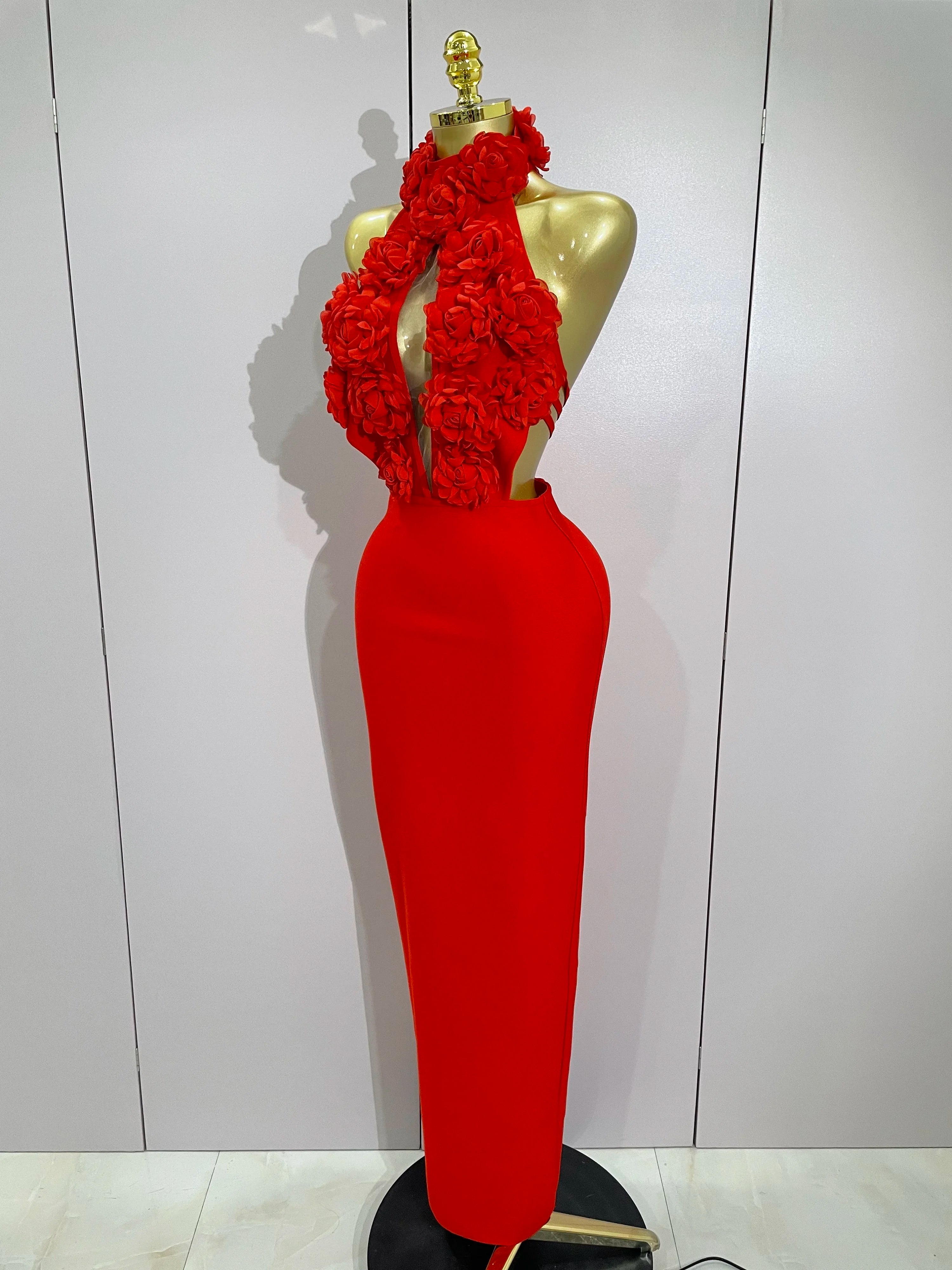 Women Celebrity Sexy Halter Backless Flower Long Bandage Bodycon Dress 2025 Luxury Birthday Dress Elegant Evening Party Outfit