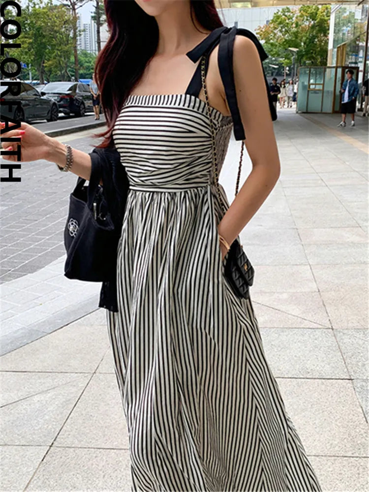 Chic Sleeveless Lace Up Striped High Waist Fashion Elegant Holiday Women's Spring Summer Long Dresses