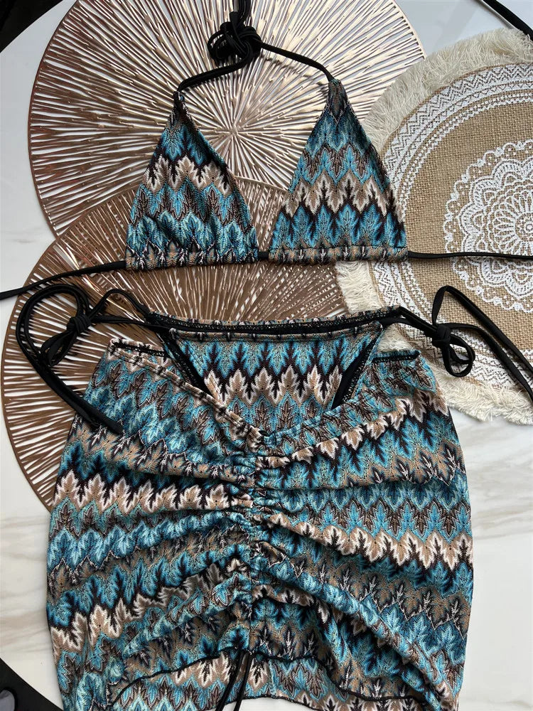Women Swimsuit Colored Maple Leaves Knitted Bikini Skirt Three-Piece Set Split Swimsuit Bikini 4
