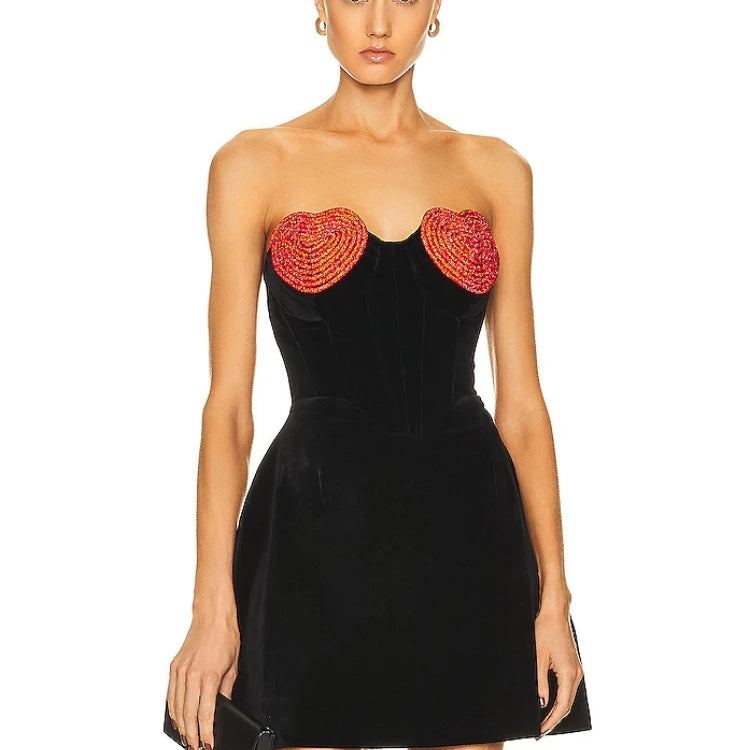 Sexy Strapless Heart Shape Crystal Design Mini Dress Women Black Velet Red Heart Diamond Design A-line Dress Evening Party Club