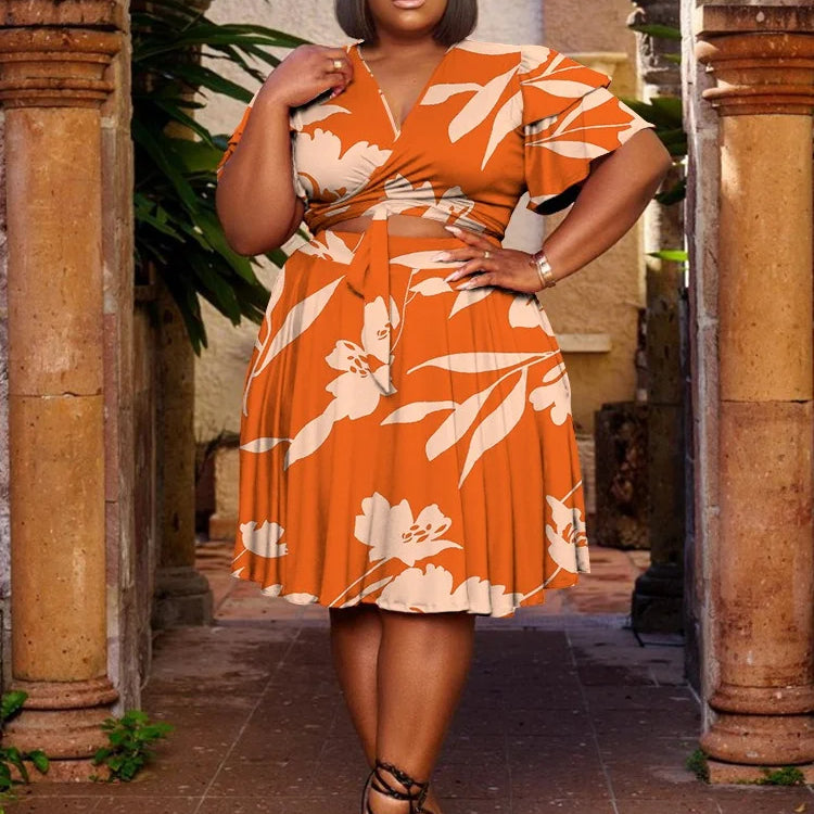 Wmstar Plus Size Shorts Sets Casual V Neck  Crop Top and Short Skirts Two Piece Women Matching Outfits Wholesale Dropshipping