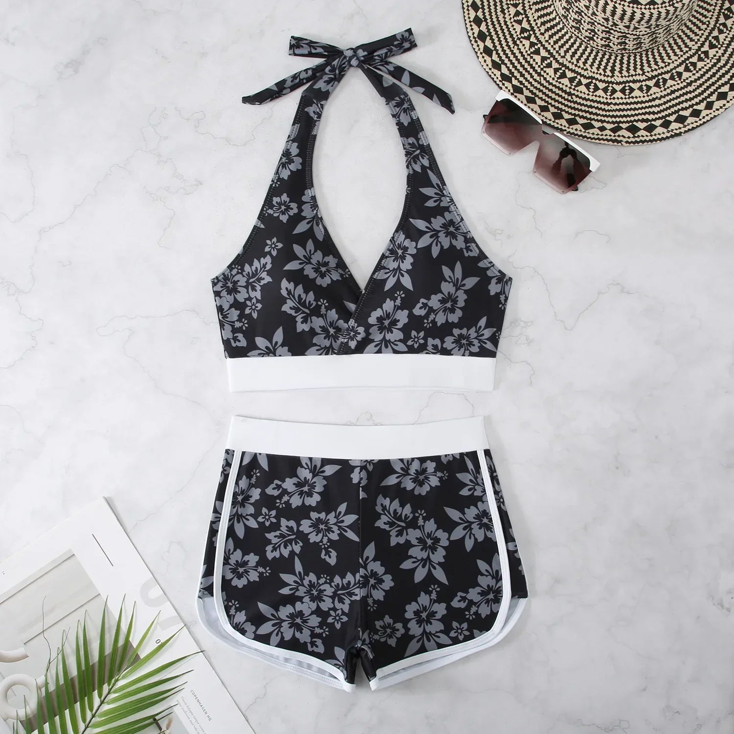 Flower Print 2 Piece Swimsuit Women,sexy High Waist V-neck Tankini Bikini, Suspender Halter Swimwear,summer Beach Vacation black