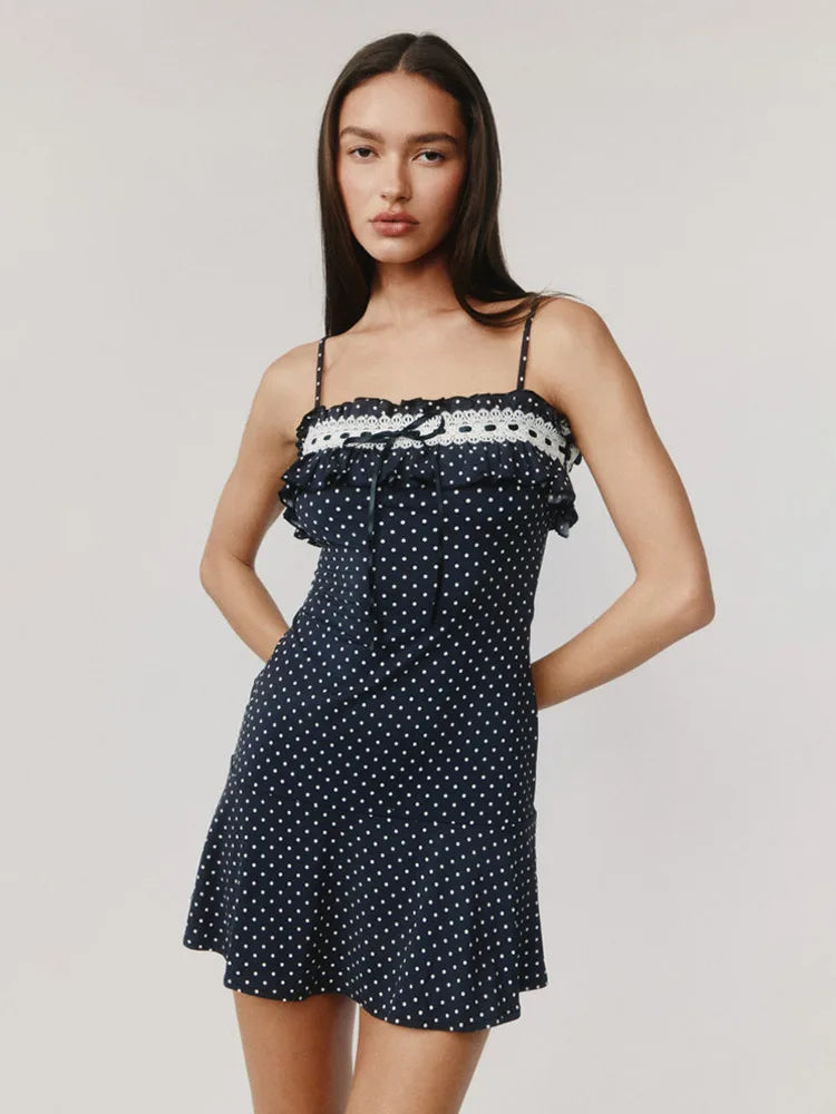 Spaghetti Strap Polka Dot Mini Dress For Women Robe Contrast Color Off-shoulder Sleeveless Backless Club Party Dress