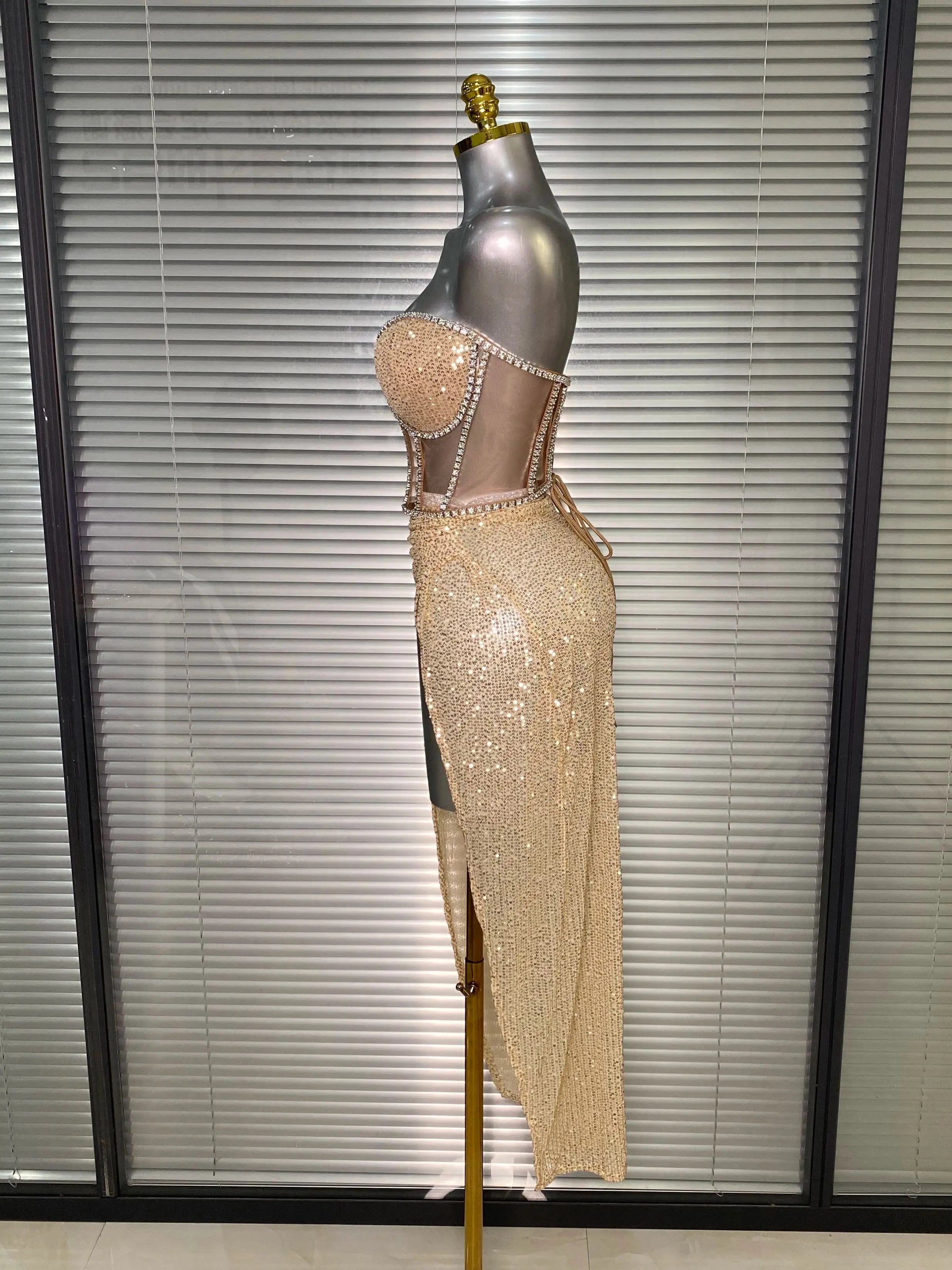 Women Sexy Sparkly Sequins Strapless Lace Openback Two Piece High Split Birthday Party Nightclub Outfit Dancer Performance Suit