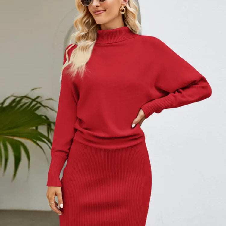 Women Clothing Solid Color Long Knit Dress Slim Turtle Neck Bat Sleeve Pullover Dresses Hip Wrap Above Knee Skirt Red
