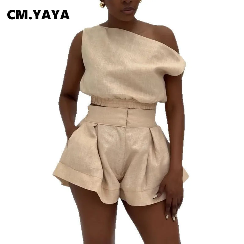 CM.YAYA Fashion Women's Set Off Shoulder Sleeveless Blouse Shirt Top and Flare Shorts Suit 2025 Street Two 2 Piece Sets Outfits