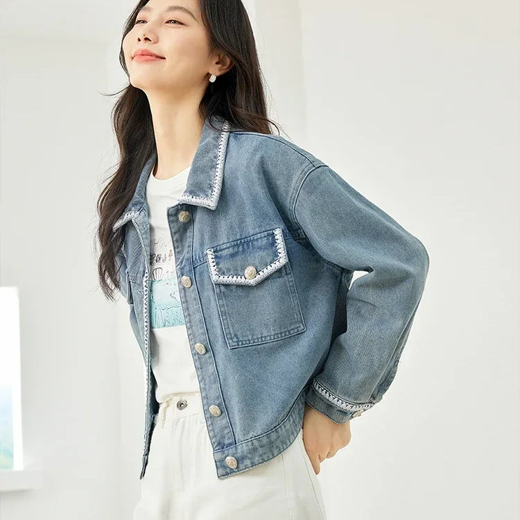 Vintage Lapel Long Sleeve Jean Jacket for Women Autumn Casual Straight Loose Denim Jackets Fall Female Clothing