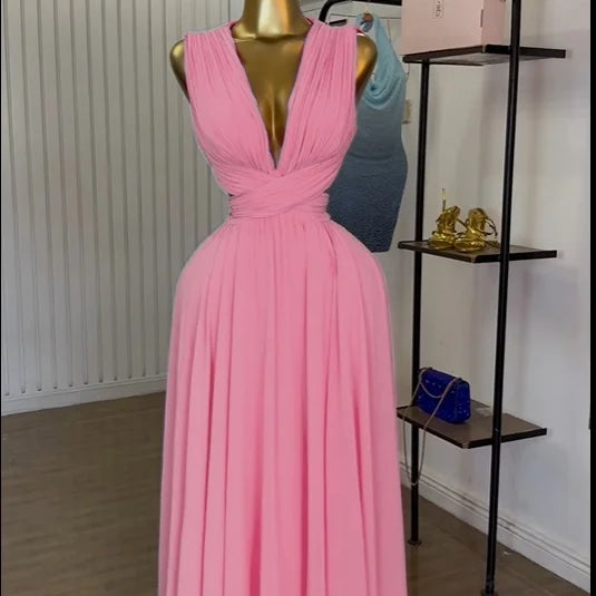 CM.YAYA Women Sleeveless Cutout Back Wrap V-neck Pleated A-line Chiffon Maxi Long Dress Birthday Vacation Sexy Party Dresses Pink
