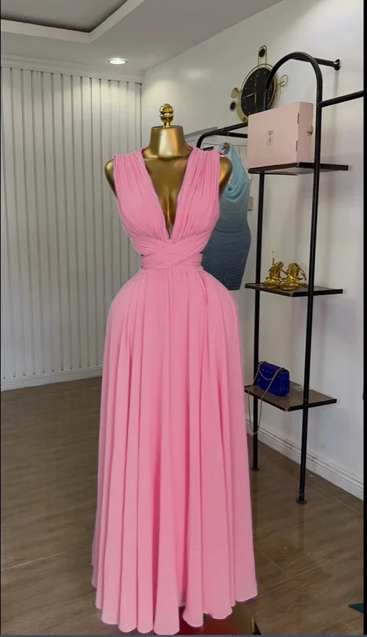 CM.YAYA Women Sleeveless Cutout Back Wrap V-neck Pleated A-line Chiffon Maxi Long Dress Birthday Vacation Sexy Party Dresses Pink