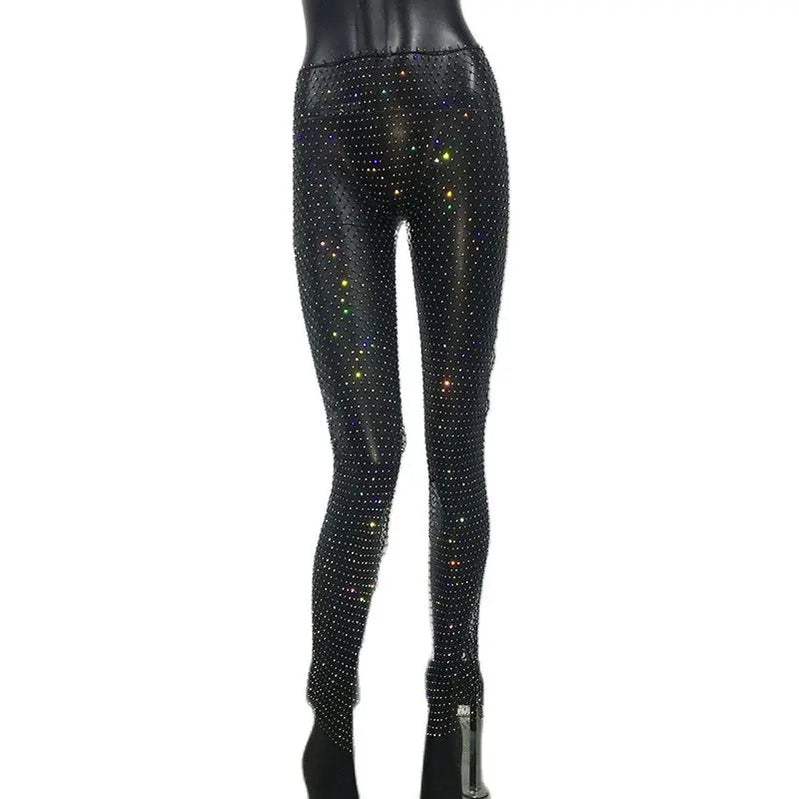 Bling Rhinestone See Through Fishnet Trousers For Women Sexy Mesh Hollow Out Side Split Long Bottoms Pants Club Party Trousers