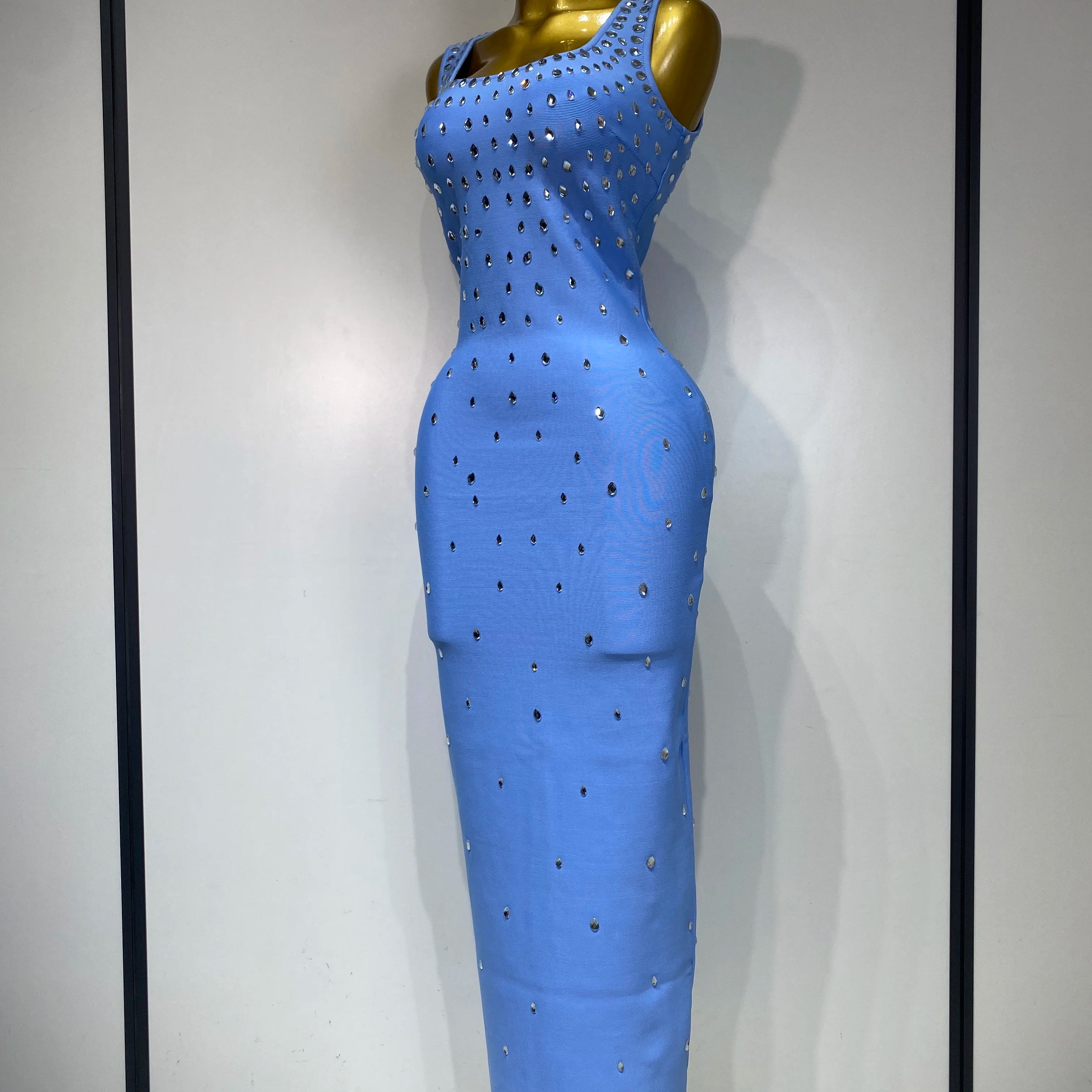 Women Sparkly Rhinestone Bandage Long Dress Elastic Sleeveless Bodycon High Street Evening Club Party Elegant Birthday Gowns