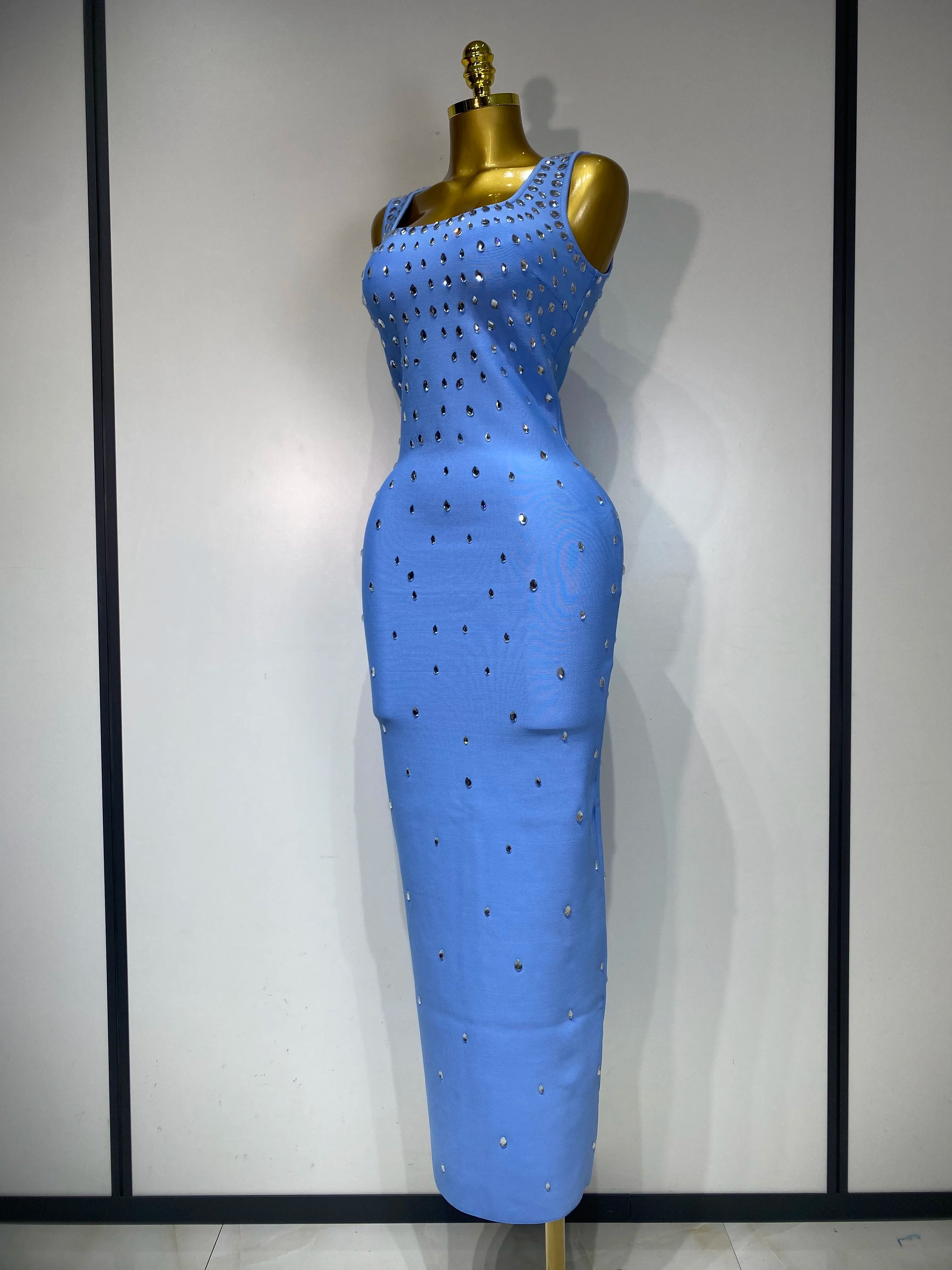 Women Sparkly Rhinestone Bandage Long Dress Elastic Sleeveless Bodycon High Street Evening Club Party Elegant Birthday Gowns