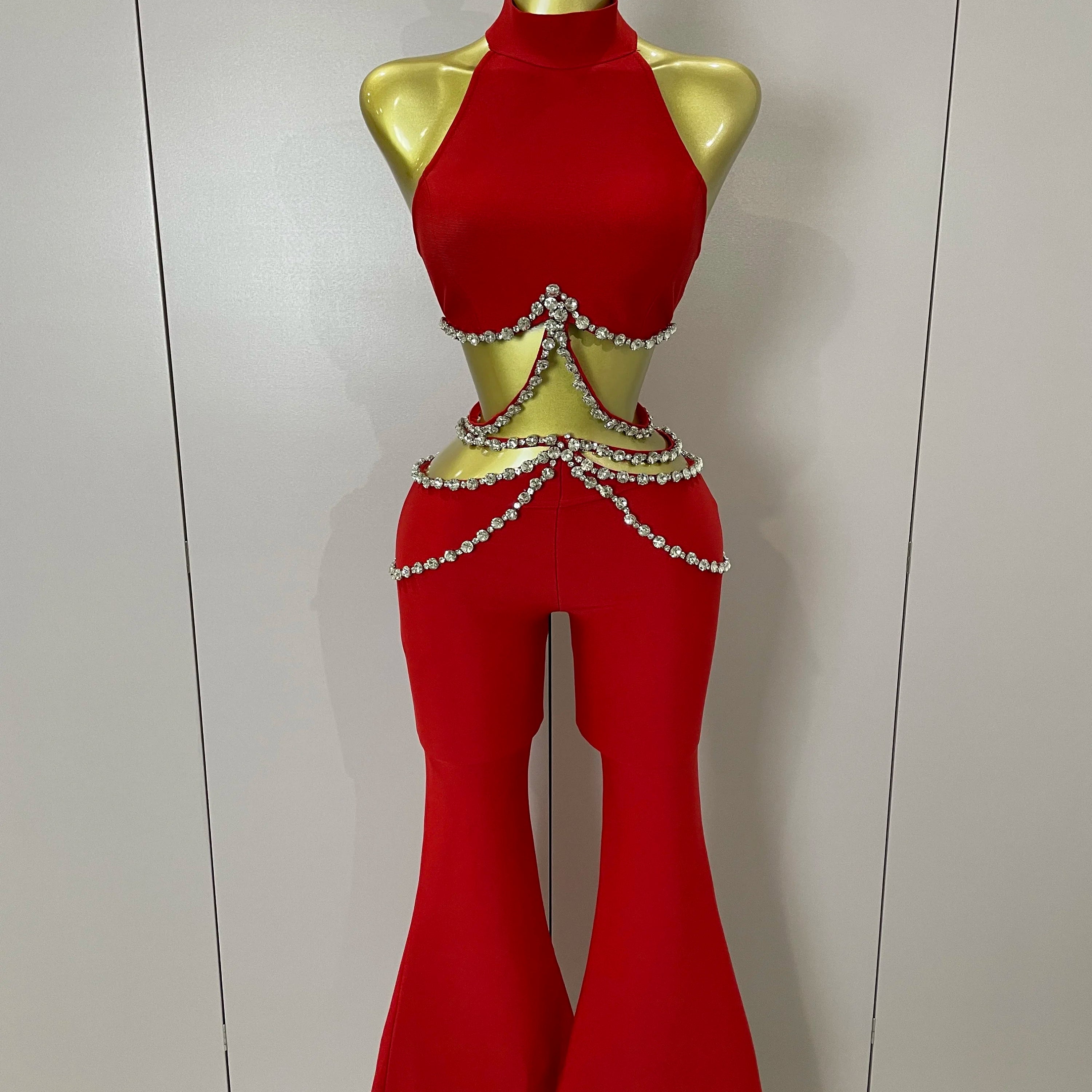 Luxury Rhinestone Red Sexy Cut Out Two Piece Pants Bandage Set 2025 Women Celebrity Designer Fashion Women's Set Stage Outfit