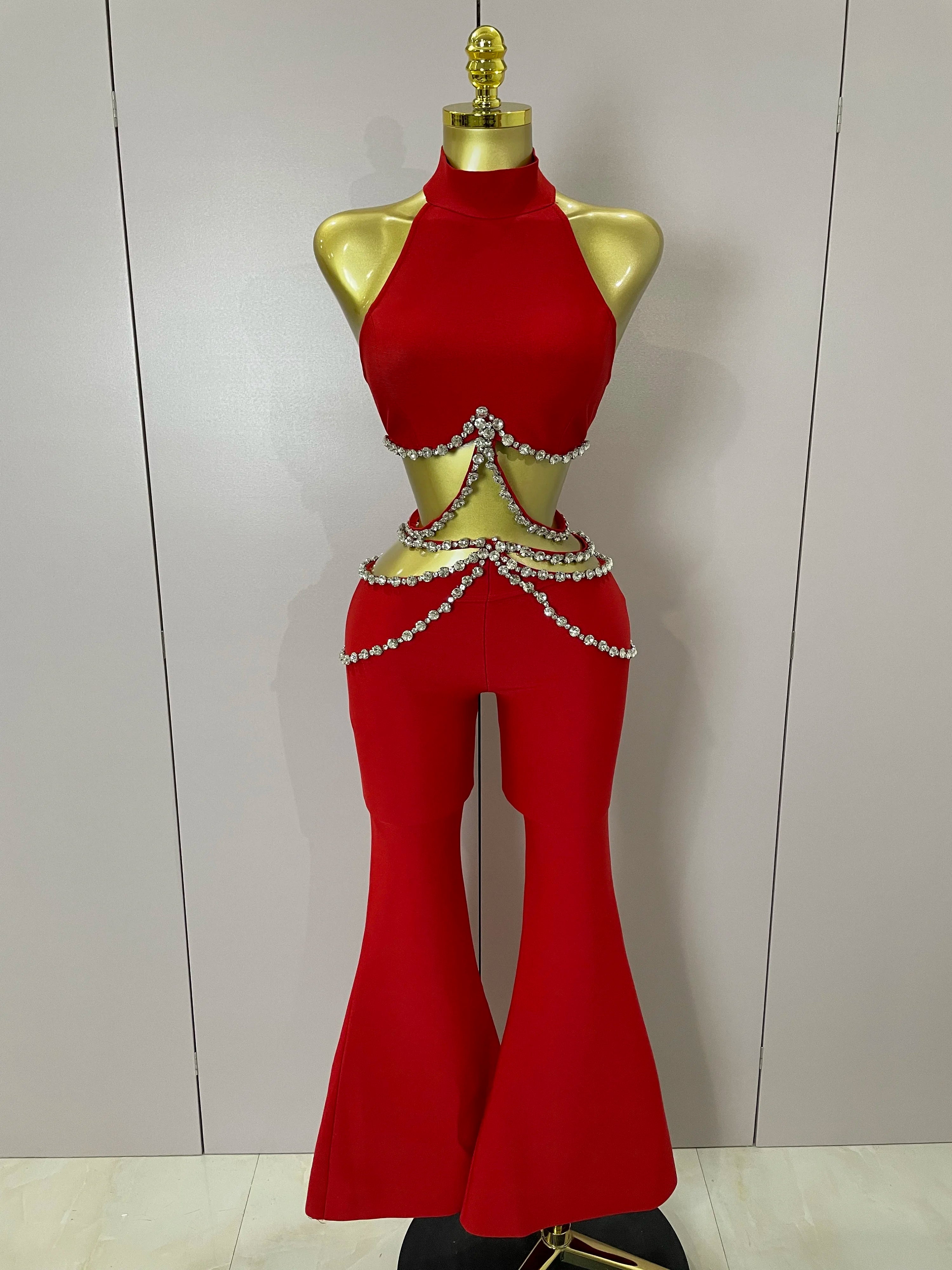 Luxury Rhinestone Red Sexy Cut Out Two Piece Pants Bandage Set 2025 Women Celebrity Designer Fashion Women's Set Stage Outfit