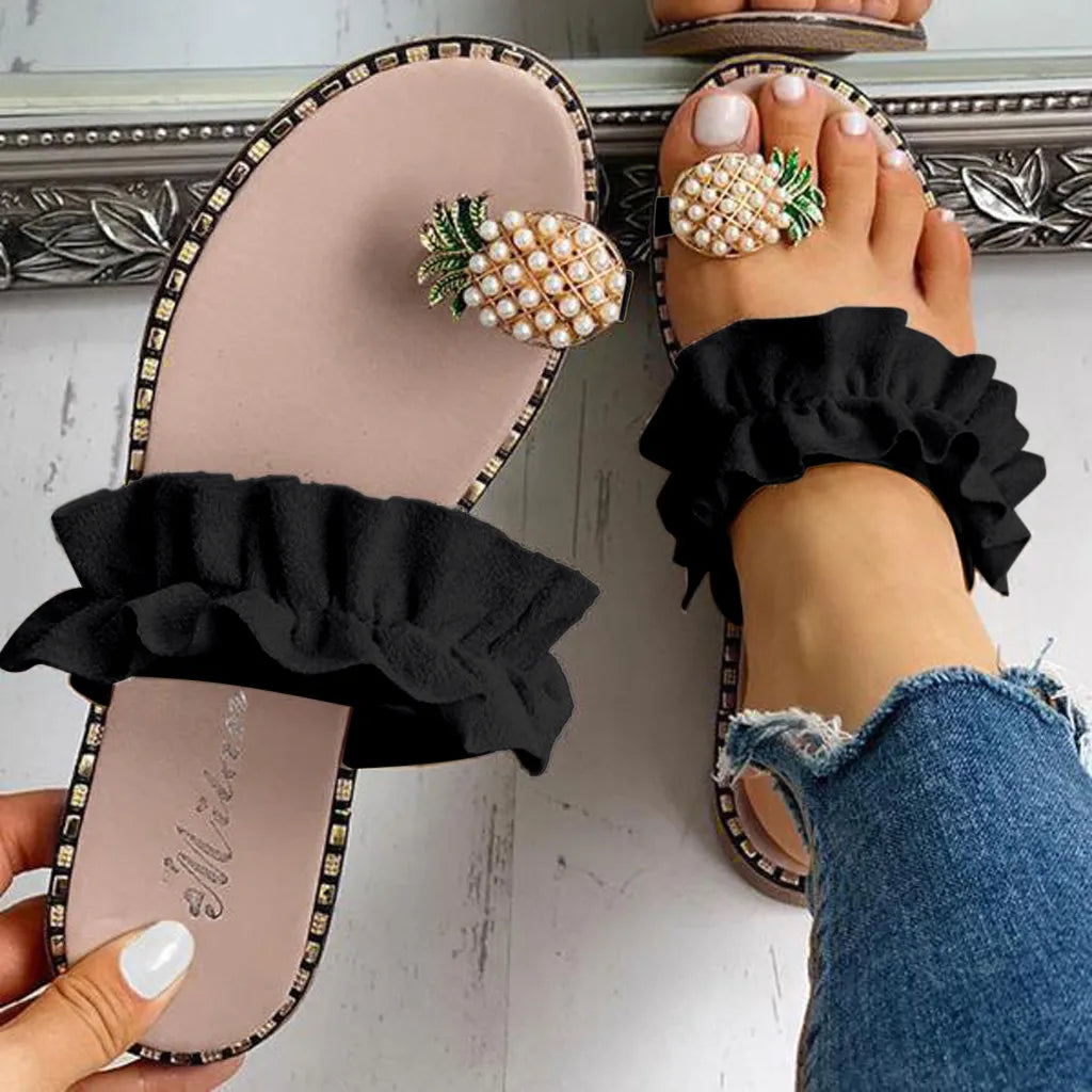 Women Slipper Pineapple Pearl Flat Toe Bohemian Summer Beach Sandals Ladies Shoes plus size Mujer Verano black