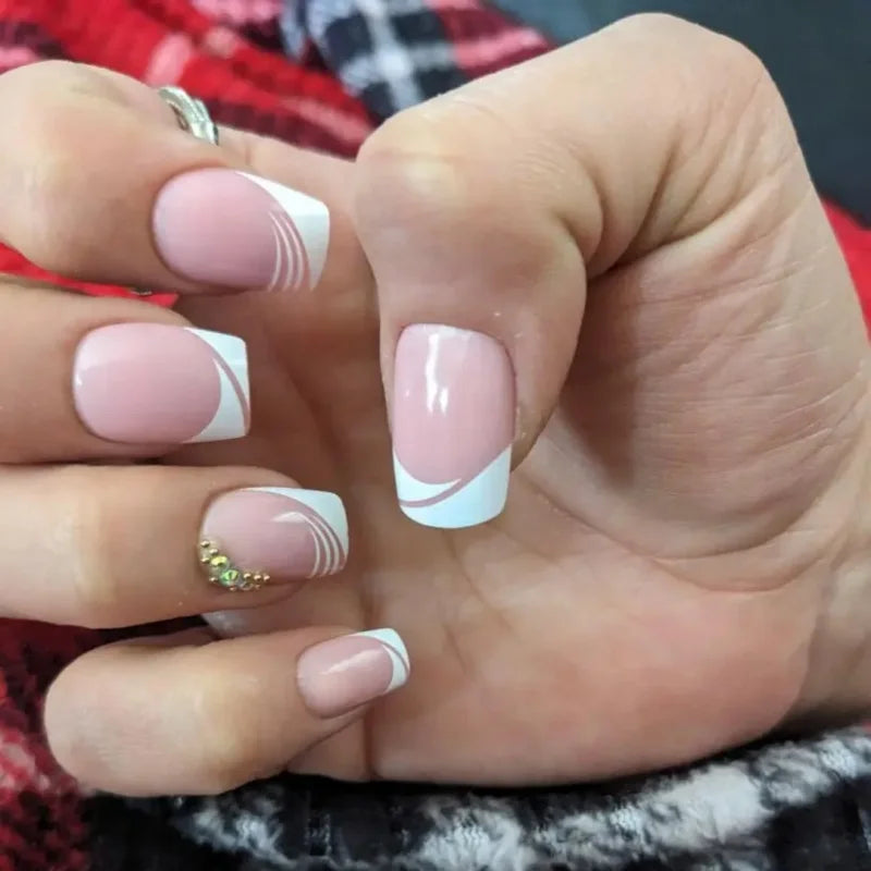 24Pcs Short Square Nude French Tip Press On Nails Set Reusable Acrylic Full Cover Fake Nail with Glue for Women&Girls Decoration