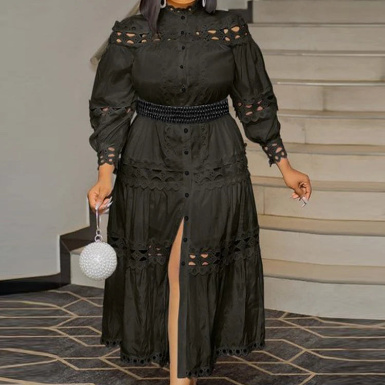 Elegant Women Hollow Out Lace Splice Mock Neck Lantern Long Sleeve Midi Dress with Belt Casual Party Club Outfits Plus Size