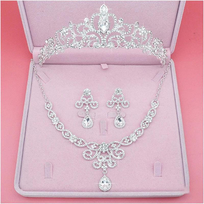 Bridal Jewelry Sets Crown Necklace Earrings Four Pack Silver Colour Women's Fashion Wedding Tiaras TS-0174-A-XL-0007-A Tiaras