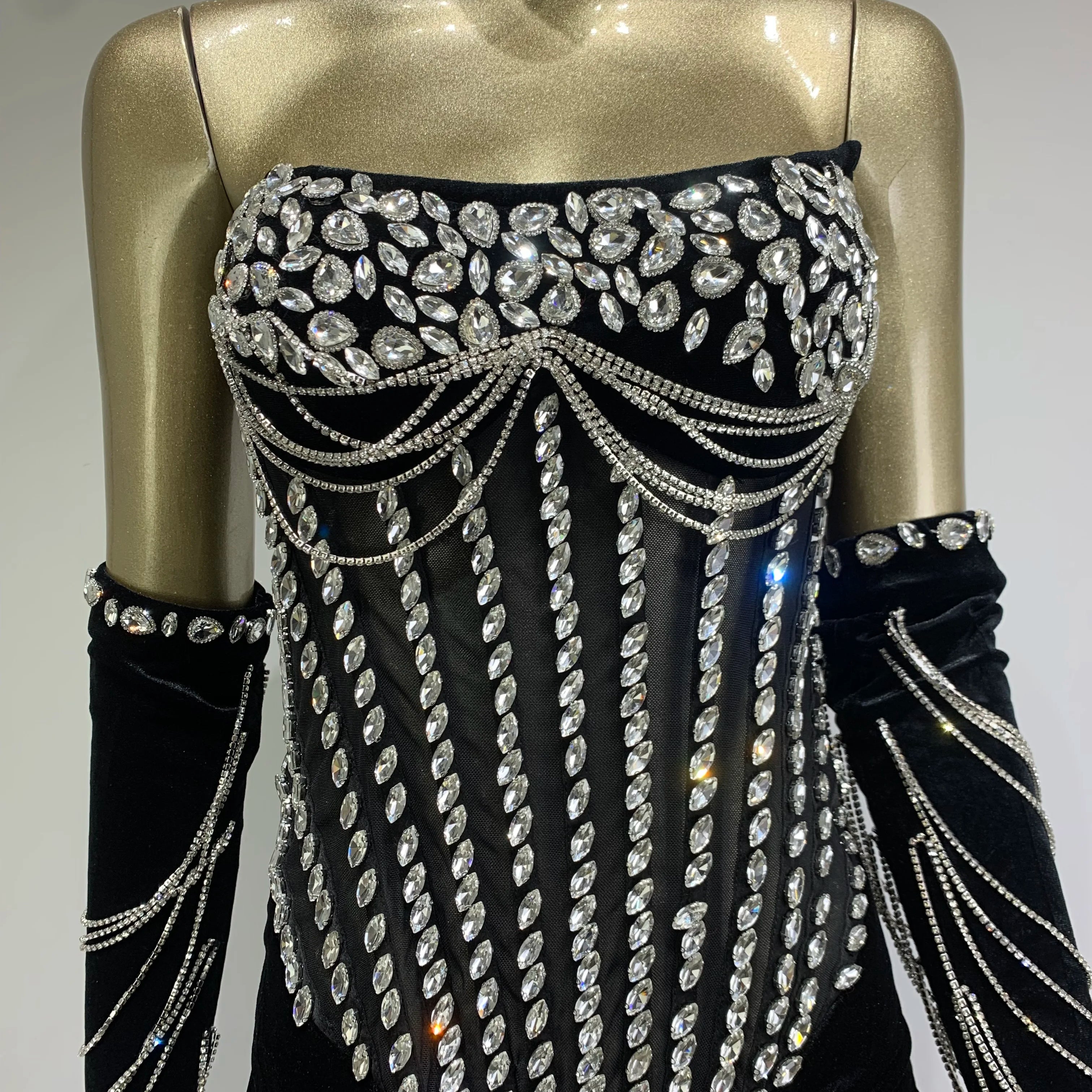 Women Luxury Sexy Strapless Beading Diamonds Black Maxi Long Dress 2024 Elegant Party Evening Stage Performance Dress Vestido