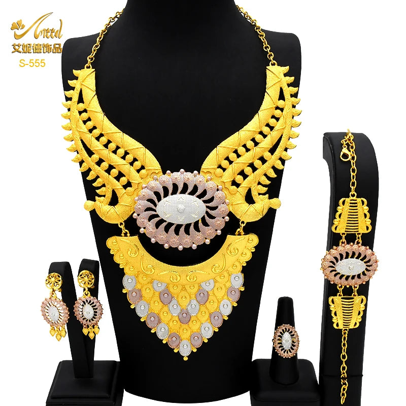 Indian Big Plated Gold Jewelry Women Necklace Sets Dubai African Party Bridal Wedding Gifts Arabic Necklace Jewelry Sets S-555