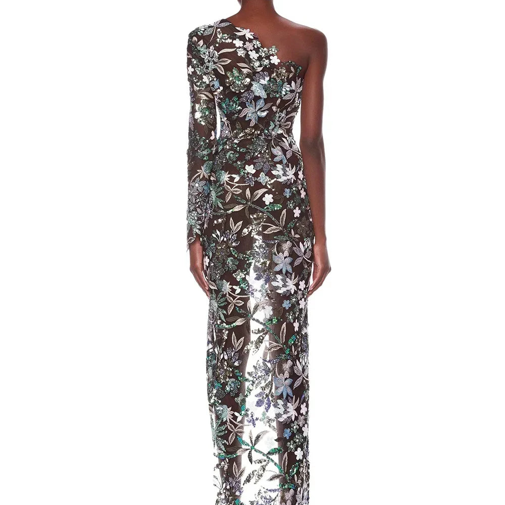 Sexy Women One Shoulder Long Sleeves Luxury Sequin Floral Embroidered Asymmetric Flower Slim Long Dress Bodycon Party Dress