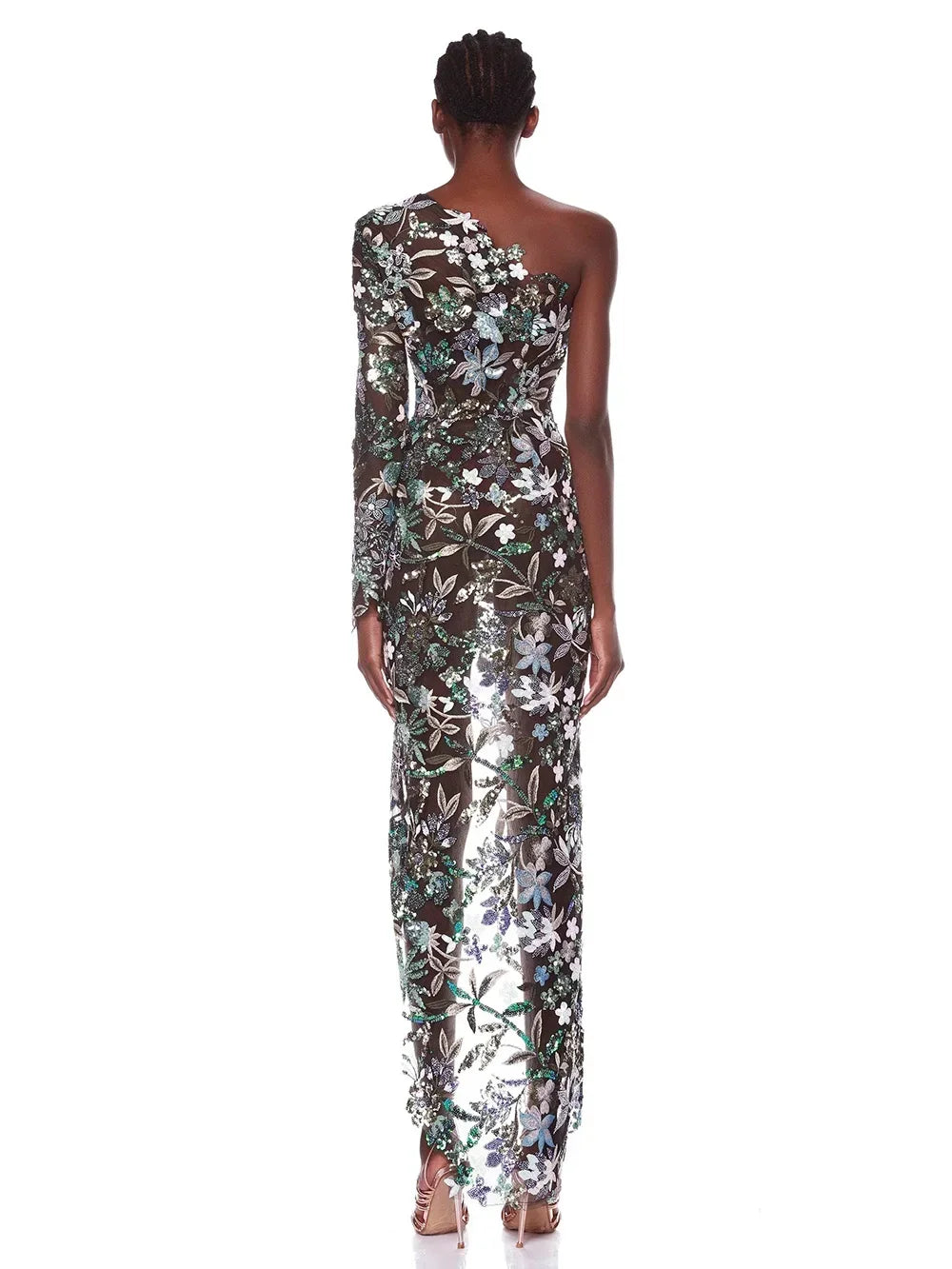 Sexy Women One Shoulder Long Sleeves Luxury Sequin Floral Embroidered Asymmetric Flower Slim Long Dress Bodycon Party Dress