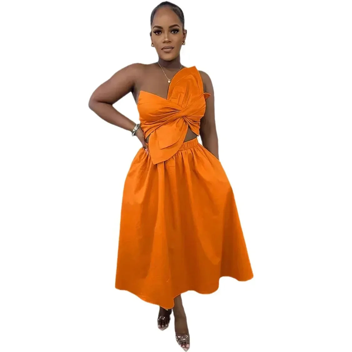 CM.YAYA Women Big Petal Front Strapless Midi Long Dress 2024 Summer Street Vestidos Sexy Party Evening Chic Big Swing Dresses