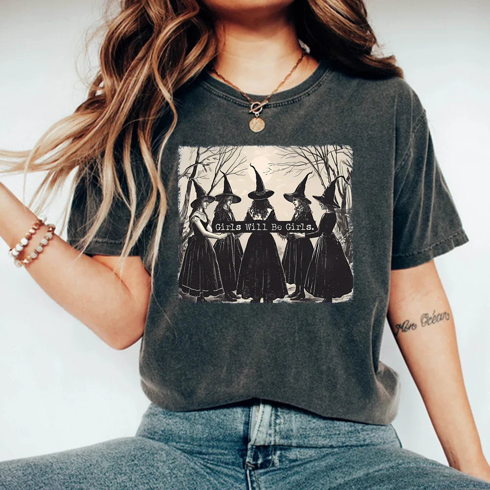 Vintage Girls Will Be Girls Witch Shirt Funny Witch Shirts Tees Halloween Women Vintage Clothes Witchy Vibes Graphic T Shirts Dark Grey