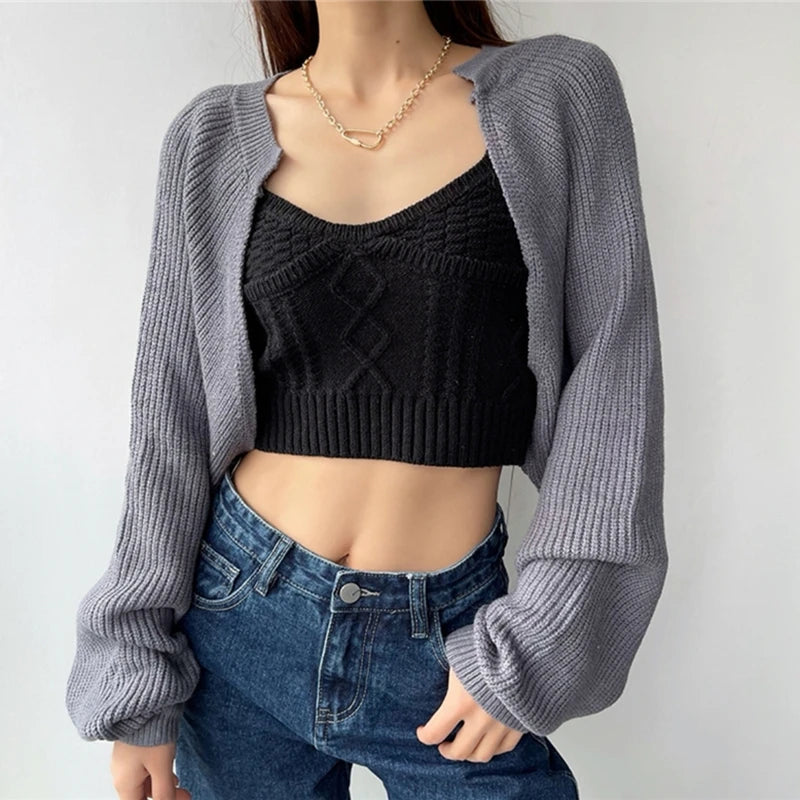 Chic Korean Fashion Short Cardigans Knitted Poncho Women Summer Elegant Vintage Minimalist Lady Tops GRAY One Size
