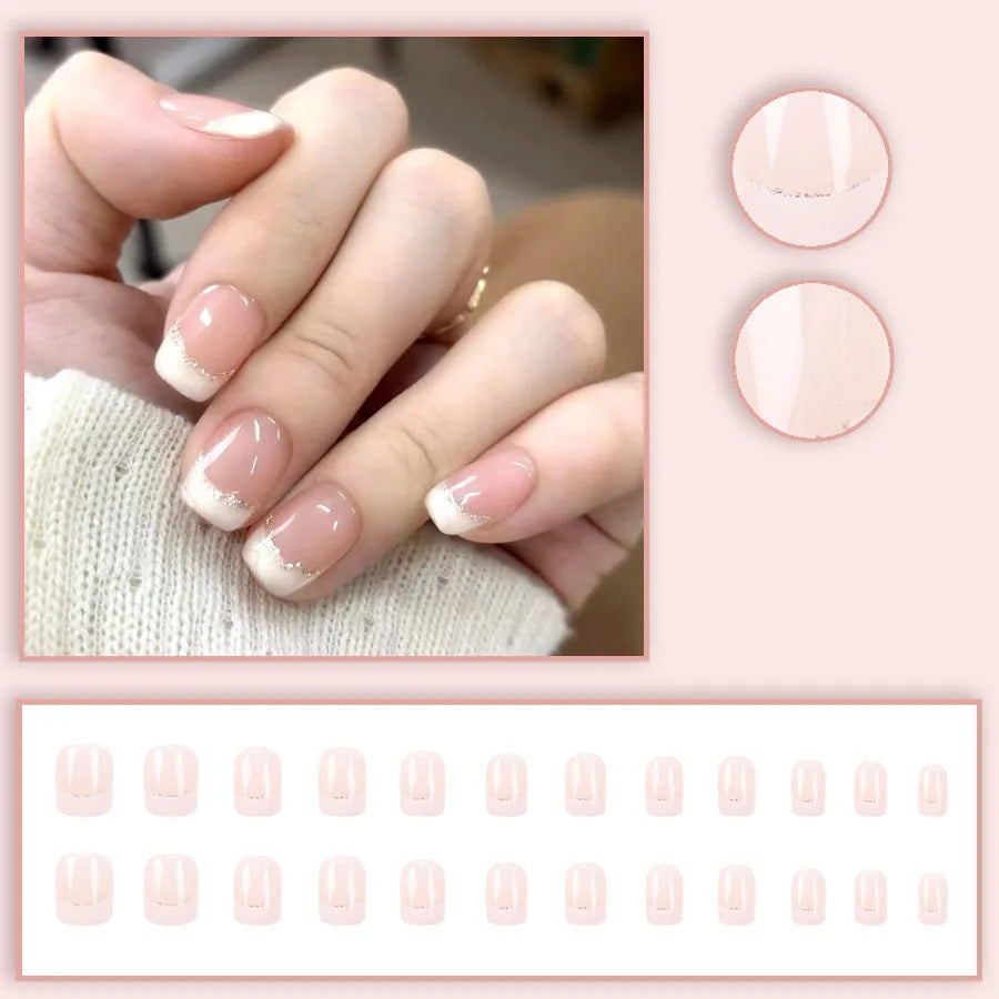 24pcs/set Short Medium fake nails for women girls gradient shiny glitters heart french Square almond tips Press on false nail