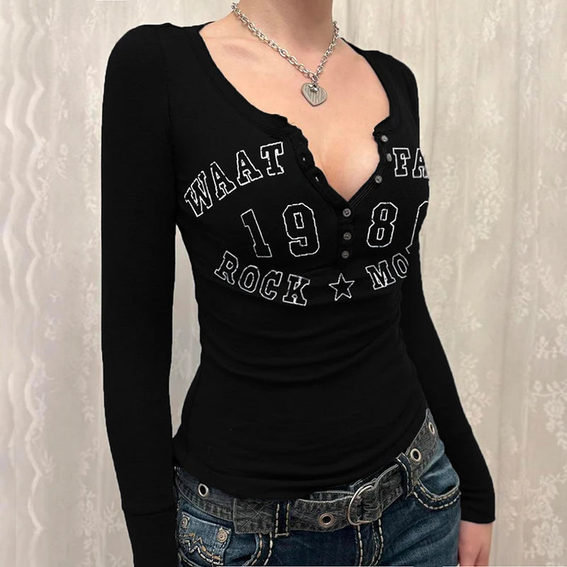 Vintage Letter Print Crop Top Women Retro Grunge Button V Neck Full Sleeve T Shirt Autumn Winter Basic Tee Femme Clothing