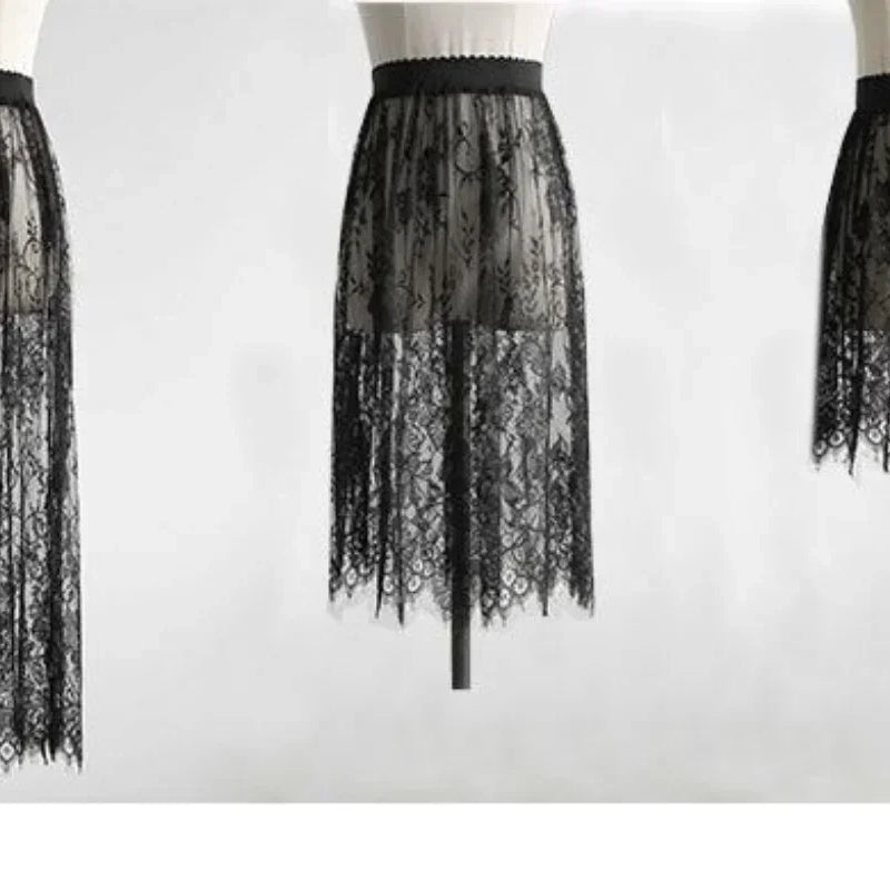 2 Length Elegant Black Skirt White Lace Transparent Long Tulle Skirt Ladies Elastic High Waist Beach Midi Skirt Drop shipping