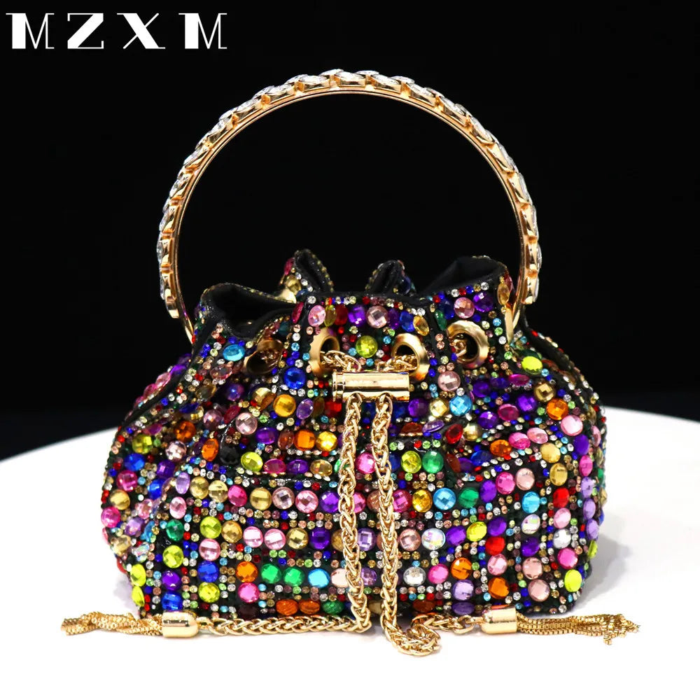 Rhinestones Women Evening Bags Bucket Design Party Day Clutch Soft Mixed Color Handle Design Handbags Purse Mature