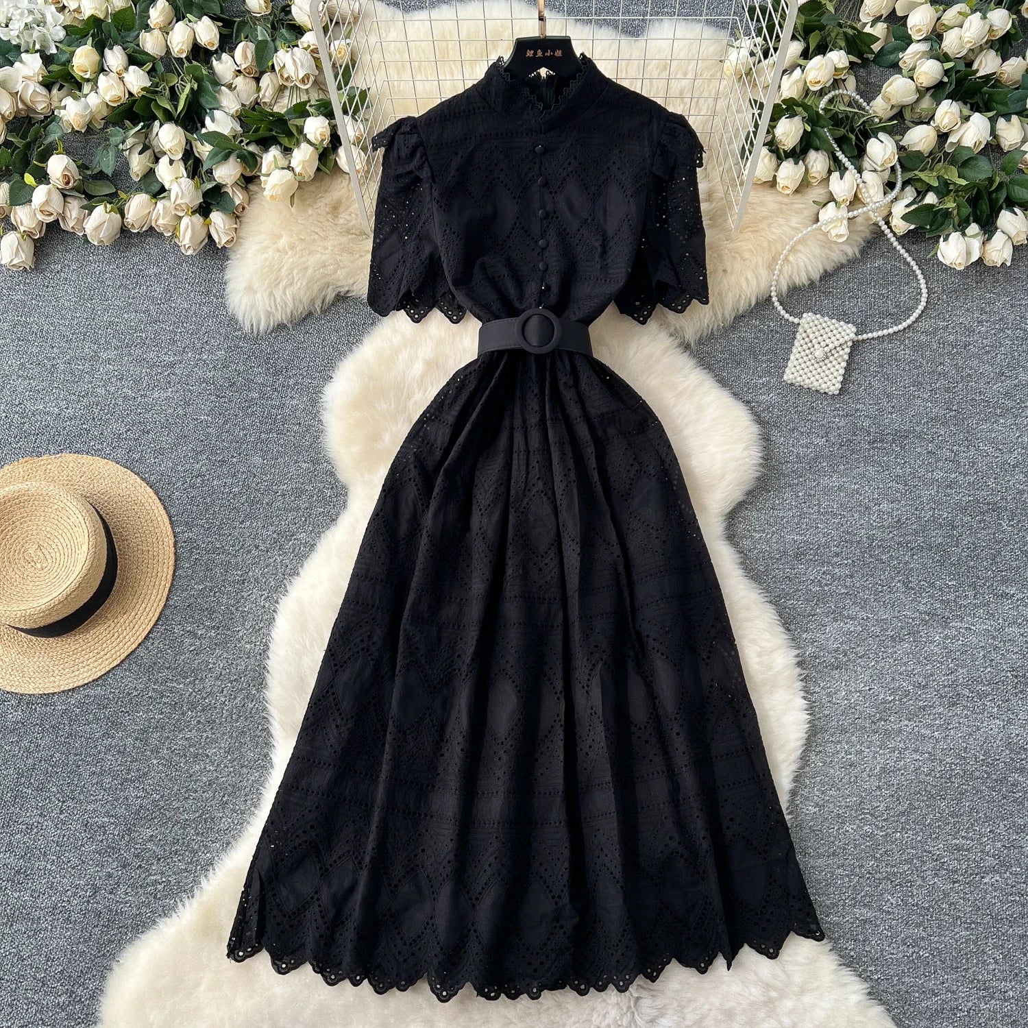 French Vintage O-neck sashes Hook flower hollow Short Sleeves Single Breasted Dress A-line Casual Women Fashion women clothing
