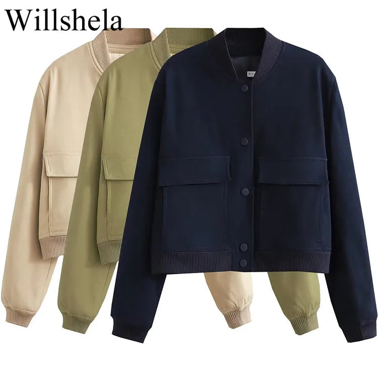 Willshela Women Fashion Solid Bomber Jackets Coat With Pockets V-Neck Single Breasted Long Sleeves Female Chic Lady Outfits