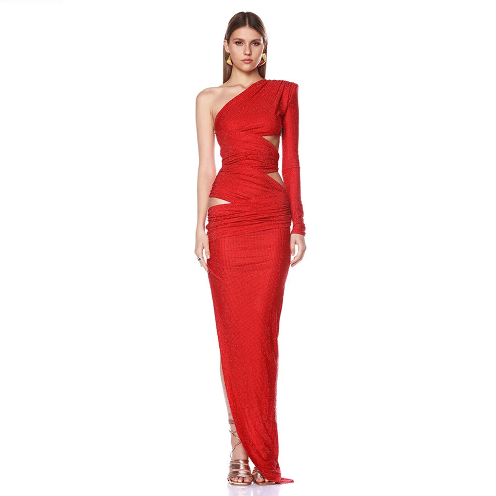 Sexy One Shoulder Hollow out Diamonds Long Dress Women Asymmetrical Cut Out Luxury Rhinestone Slim Dresses Evening Party Gowns