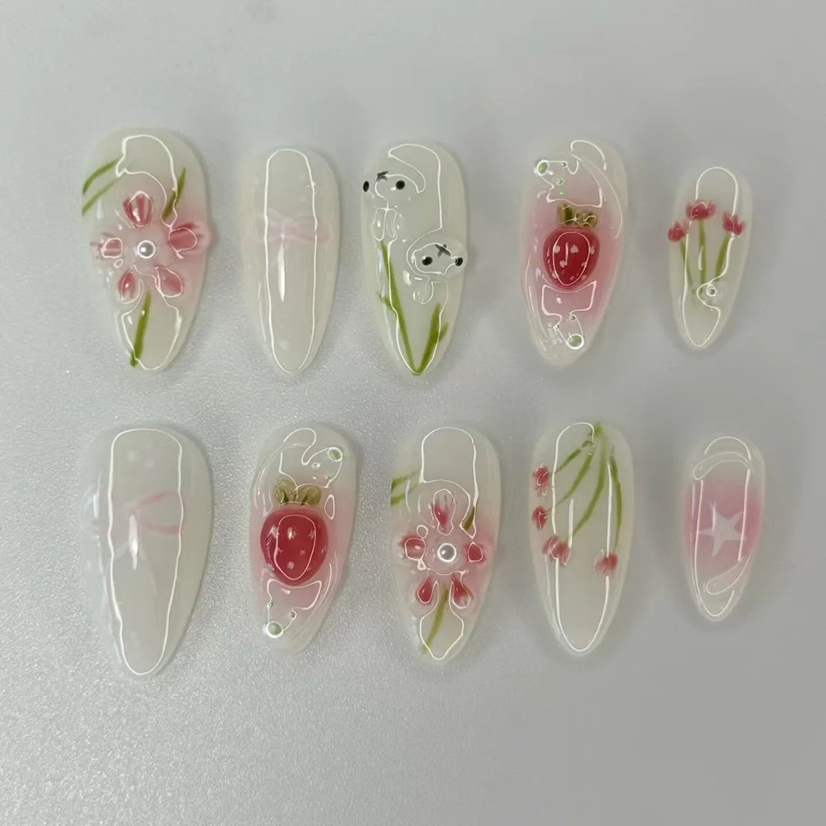 24Pcs Mid-length Almond Press on Fake Nails with Insect Flower Button Design Full Cover Nails Tips Reusable Finished False Nails