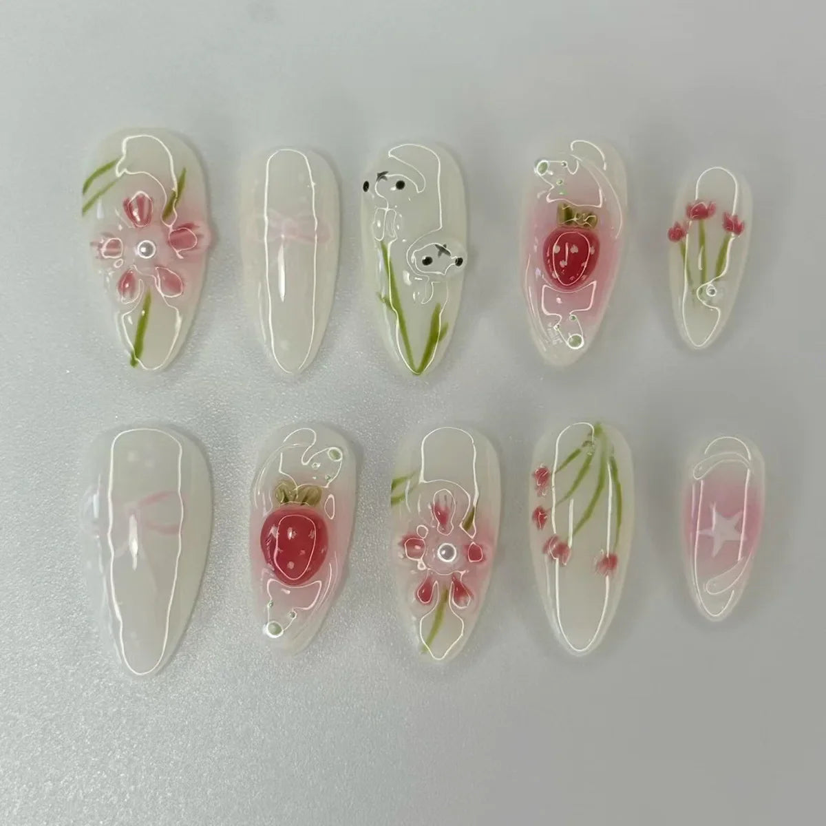 24Pcs Mid-length Almond Press on Fake Nails with Red Jellyfish Smudge Design False Nails 3D Shell Pattern Reusable Manicure Tips