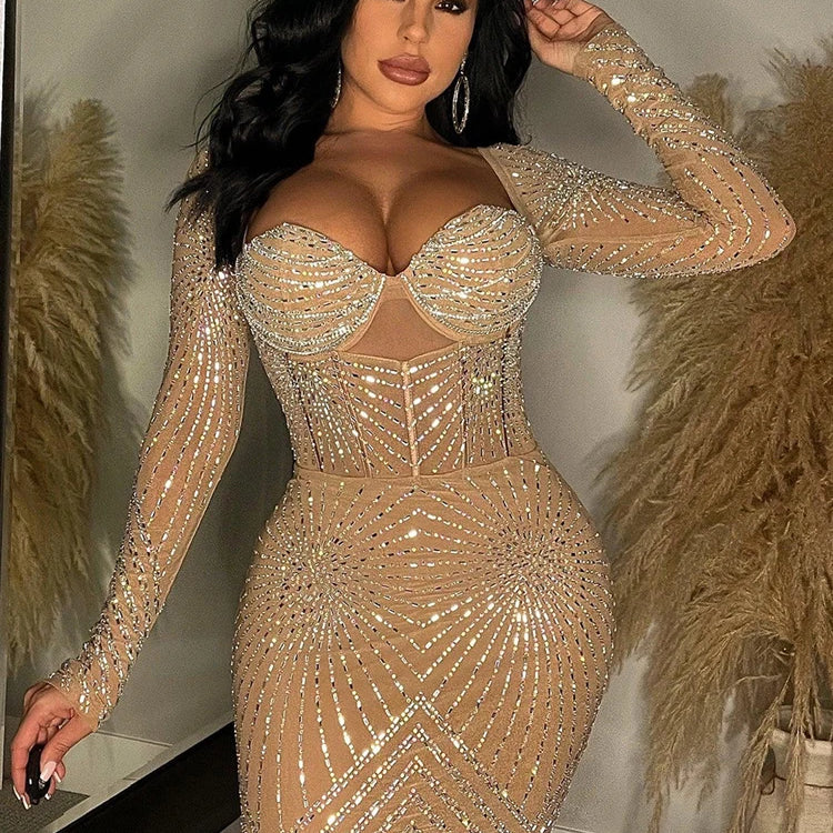 Luxury Geometric Black Rhinestone Short Party Dresses Robe Femme Women Elegant Sequin Bodycon Night Dress Sexy Clubwear
