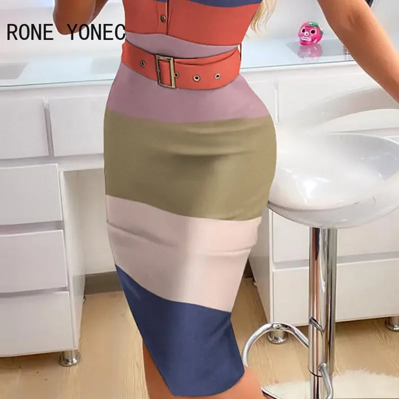 Women Chic Striped Button Decor with Belts Basic Sleeveless Midi Knitting Dresses