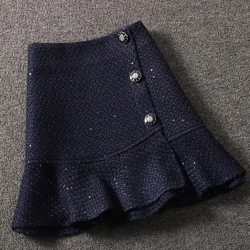 Sequin Tweed Skirt for women autumn winter korea style high waist slim ruffle skirt lady Woolen mermaid skirt DEEP BLUE