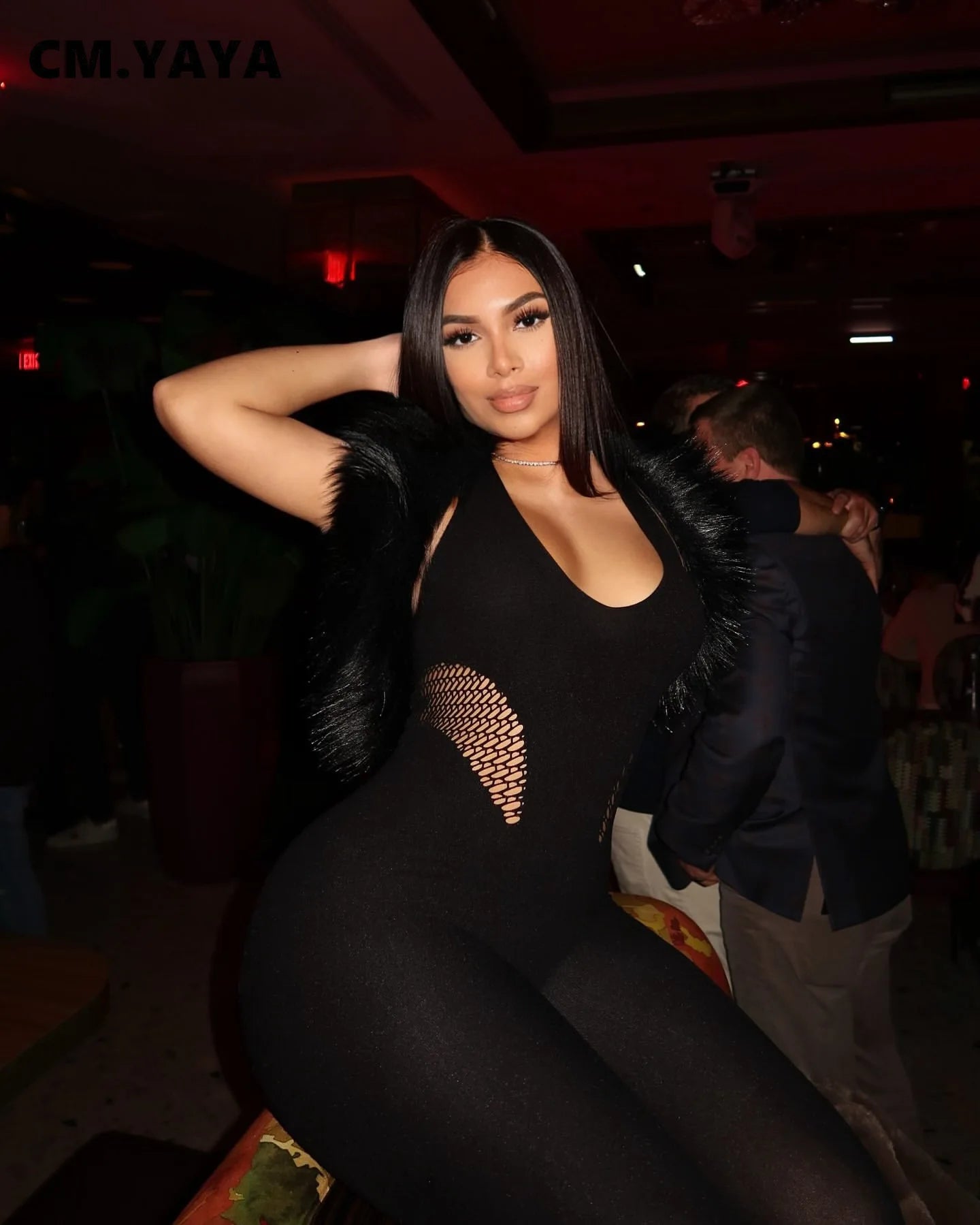 CM.YAYA Sleeveless Sexy Mesh Lace Hollow Out Women’s Jumpsuits 2025 summer v-Neck Night Club Party Pajamas One Piece Outfits