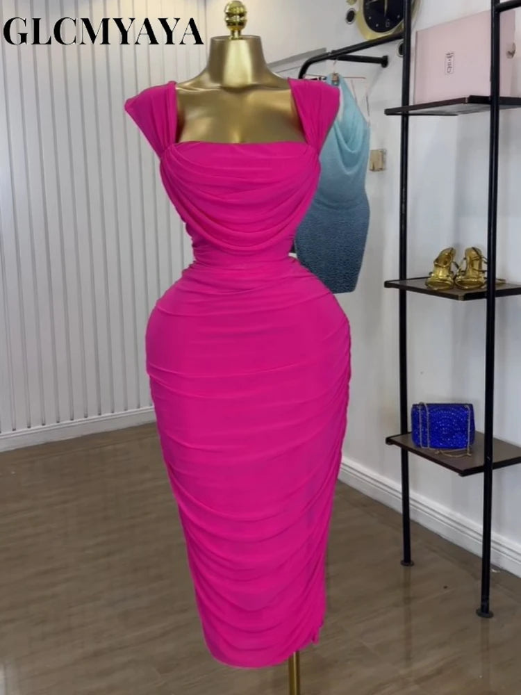 GLCMYAYA Fashion Stacked Ruched Women's Dress Set Crop Tops and Bodycon Midi Maxi Skirts Suit Vacation Two 2 Piece Set Outfit