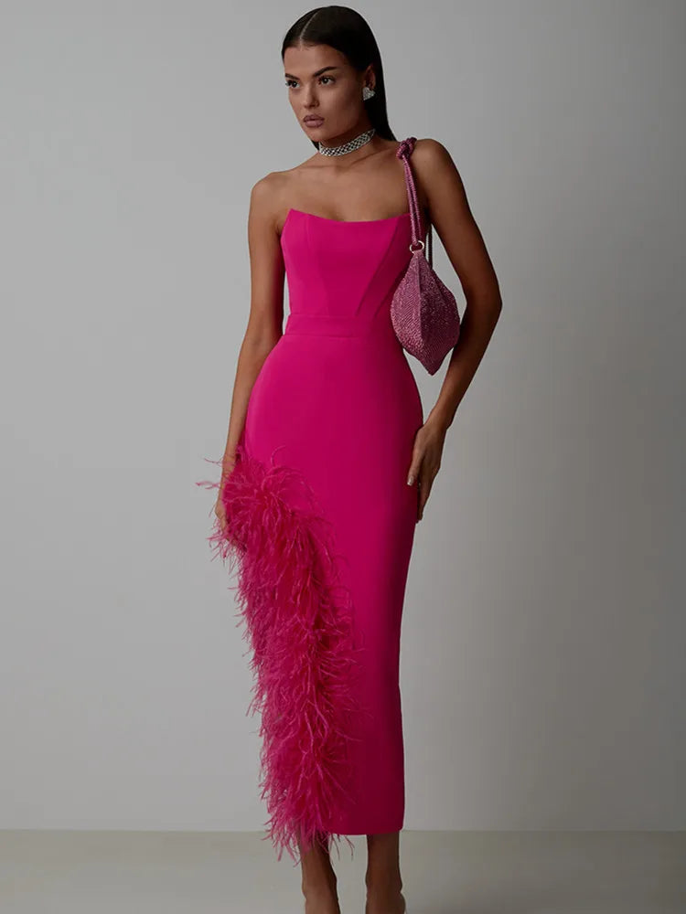 Women Spring Sexy Strapless Backless Black White Pink Feather Midi Bandage Dress 2023 Knitted Elegant Evening Club Party Dress