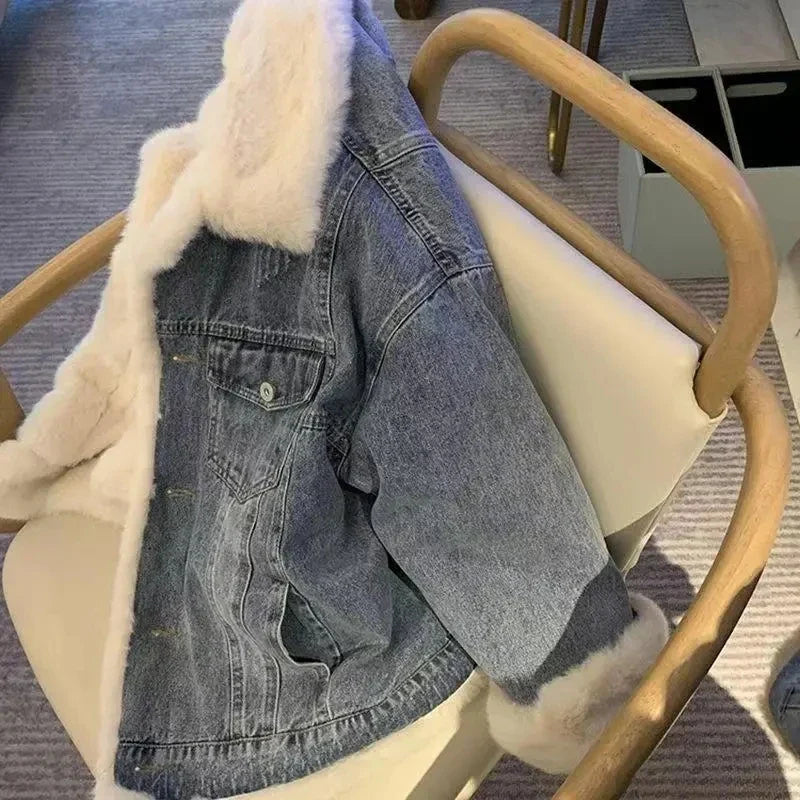 Jean Jacket For Women Autumn And Winter New Retro Lamb Wool Casual Loose bf Plush Thick Casual Style Overcome Women Denim Coat White Hair