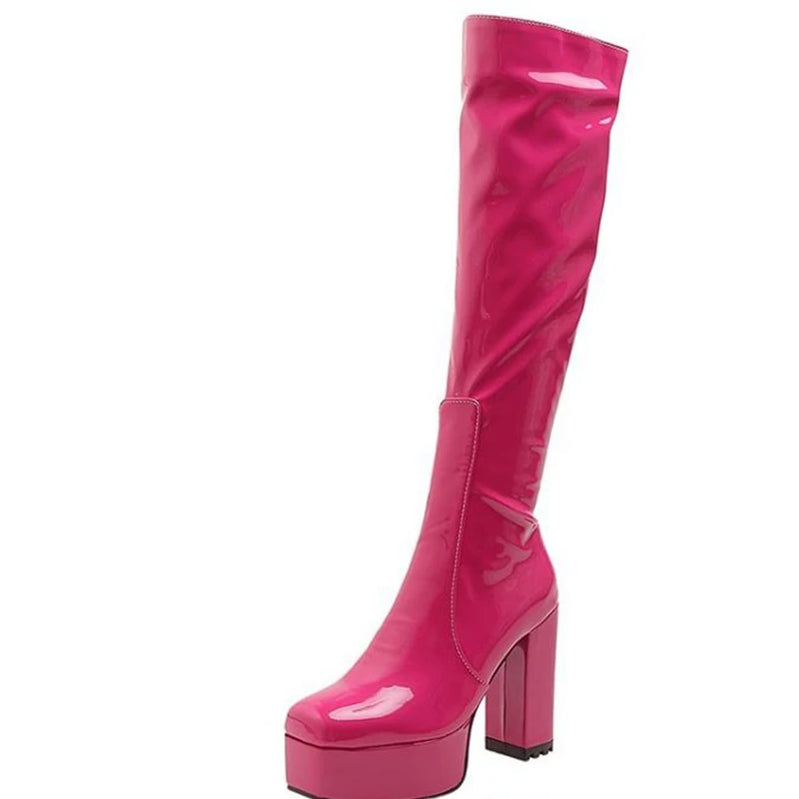 SIMLOVEYO Platform Knee High Boots Toe Block Heels Rubber Size 34-43 Black White Blue S2729